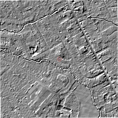 Shaded relief map of the ground around M333RR, computed from Environment Agency LiDAR. The ground here sits at about 26 m above sea level and falls 4 m across the surrounding 800 m. The ground contributing surface water to this point lies to the east-south-east.