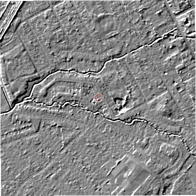 Shaded relief map of the ground around M333RT, computed from Environment Agency LiDAR. The ground here sits at about 26 m above sea level and falls 4 m across the surrounding 800 m. Surface water reaching this point runs off ground lying to the south-west, 0.8 m higher.