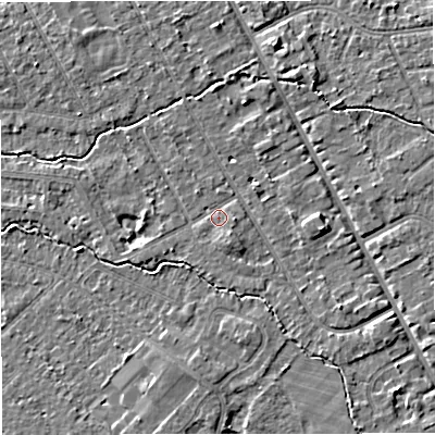 Shaded relief map of the ground around M333RW, computed from Environment Agency LiDAR. The ground here sits at about 26 m above sea level and falls 4 m across the surrounding 800 m. Surface water reaching this point runs off ground lying to the south-east, 3.1 m higher.