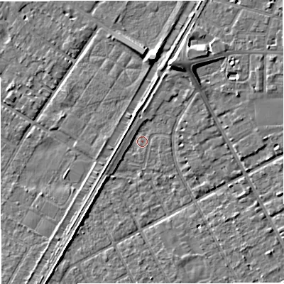 Shaded relief map of the ground around M333SG, computed from Environment Agency LiDAR. The ground here sits at about 25 m above sea level and falls 8 m across the surrounding 800 m. Surface water reaching this point runs off ground lying to the north-north-east, 7.3 m higher.