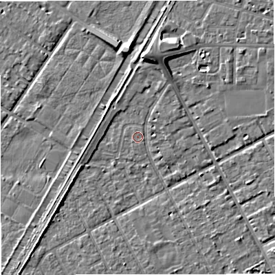 Shaded relief map of the ground around M333SH, computed from Environment Agency LiDAR. The ground here sits at about 26 m above sea level and falls 8 m across the surrounding 800 m. Surface water reaching this point runs off ground lying to the north, 6.3 m higher.