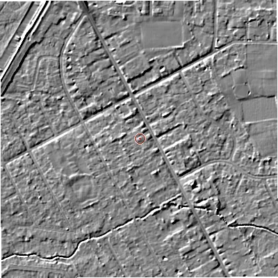 Shaded relief map of the ground around M333SL, computed from Environment Agency LiDAR. The ground here sits at about 26 m above sea level and falls 4 m across the surrounding 800 m. Surface water reaching this point runs off ground lying to the south-south-west, 0.7 m higher.