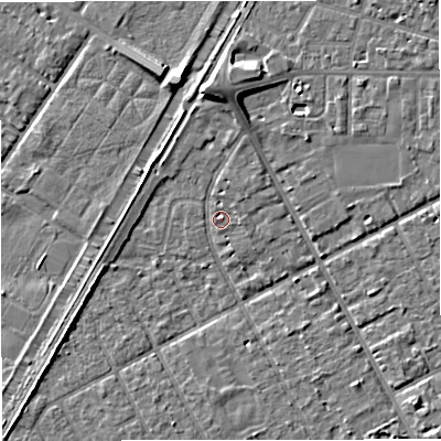 Shaded relief map of the ground around M333ST, computed from Environment Agency LiDAR. The ground here sits at about 26 m above sea level and falls 8 m across the surrounding 800 m. Surface water reaching this point runs off ground lying to the north-north-east, 1.9 m higher.