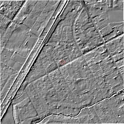 Shaded relief map of the ground around M333SY, computed from Environment Agency LiDAR. The ground here sits at about 25 m above sea level and falls 5 m across the surrounding 800 m. Surface water reaching this point runs off ground lying to the north-north-east, 4.3 m higher.