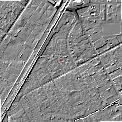 Shaded relief map of the ground around M333SZ, computed from Environment Agency LiDAR. The ground here sits at about 25 m above sea level and falls 8 m across the surrounding 800 m. Surface water reaching this point runs off ground lying to the south-south-west, 1.3 m higher.
