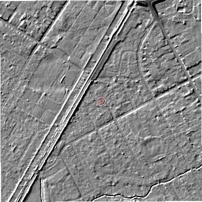 Shaded relief map of the ground around M333TA, computed from Environment Agency LiDAR. The ground here sits at about 26 m above sea level and falls 8 m across the surrounding 800 m. Surface water reaching this point runs off ground lying to the north-north-west, 0.5 m higher.