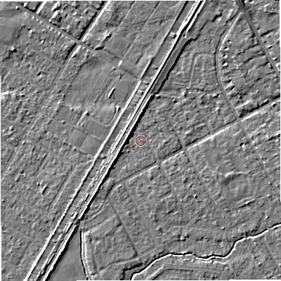 Shaded relief map of the ground around M333TB, computed from Environment Agency LiDAR. The ground here sits at about 25 m above sea level and falls 4 m across the surrounding 800 m. Surface water reaching this point runs off ground lying to the west-south-west, 2.6 m higher.