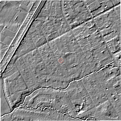 Shaded relief map of the ground around M333TD, computed from Environment Agency LiDAR. The ground here sits at about 26 m above sea level and falls 4 m across the surrounding 800 m. Surface water reaching this point runs off ground lying to the north-north-east, 0.9 m higher.