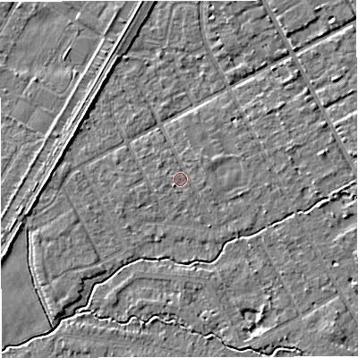 Shaded relief map of the ground around M333TE, computed from Environment Agency LiDAR. The ground here sits at about 26 m above sea level and falls 4 m across the surrounding 800 m. Surface water reaching this point runs off ground lying to the north-east, 0.9 m higher.