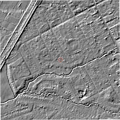Shaded relief map of the ground around M333TF, computed from Environment Agency LiDAR. The ground here sits at about 26 m above sea level and falls 4 m across the surrounding 800 m. Surface water reaching this point runs off ground lying to the north-north-west, 1.4 m higher.