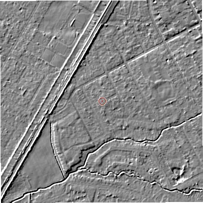 Shaded relief map of the ground around M333TG, computed from Environment Agency LiDAR. The ground here sits at about 26 m above sea level and falls 5 m across the surrounding 800 m. The ground contributing surface water to this point lies to the north-east.