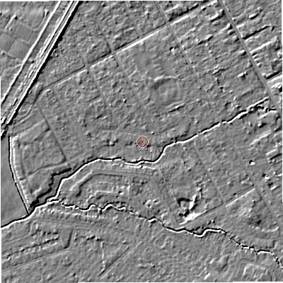 Shaded relief map of the ground around M333TH, computed from Environment Agency LiDAR. The ground here sits at about 26 m above sea level and falls 4 m across the surrounding 800 m. Surface water reaching this point runs off ground lying to the north, 0.9 m higher.