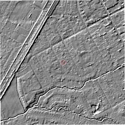 Shaded relief map of the ground around M333TJ, computed from Environment Agency LiDAR. The ground here sits at about 26 m above sea level and falls 4 m across the surrounding 800 m. Surface water reaching this point runs off ground lying to the north, 0.5 m higher.