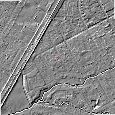 Shaded relief map of the ground around M333TL, computed from Environment Agency LiDAR. The ground here sits at about 26 m above sea level and falls 4 m across the surrounding 800 m. Surface water reaching this point runs off ground lying to the east-north-east, 0.8 m higher.