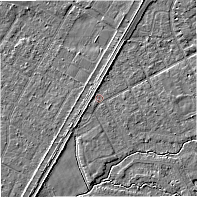 Shaded relief map of the ground around M333TN, computed from Environment Agency LiDAR. The ground here sits at about 25 m above sea level and falls 4 m across the surrounding 800 m. Surface water reaching this point runs off ground lying to the west-north-west, 2.4 m higher.