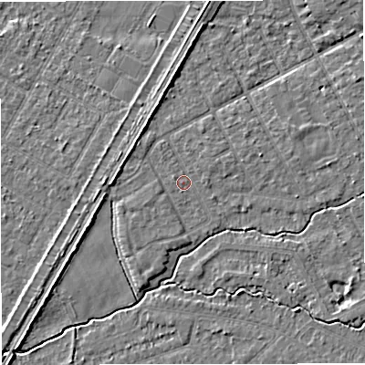 Shaded relief map of the ground around M333TP, computed from Environment Agency LiDAR. The ground here sits at about 26 m above sea level and falls 5 m across the surrounding 800 m. Surface water reaching this point runs off ground lying to the east-north-east, 0.8 m higher.