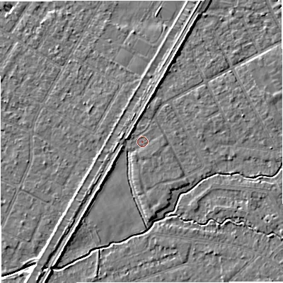 Shaded relief map of the ground around M333TQ, computed from Environment Agency LiDAR. The ground here sits at about 25 m above sea level and falls 5 m across the surrounding 800 m. Surface water reaching this point runs off ground lying to the north-north-west, 1.4 m higher.