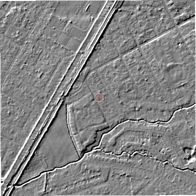 Shaded relief map of the ground around M333TR, computed from Environment Agency LiDAR. The ground here sits at about 26 m above sea level and falls 5 m across the surrounding 800 m. Surface water reaching this point runs off ground lying to the north-west, 1.9 m higher.