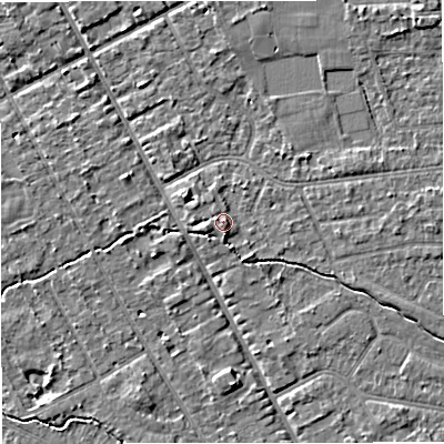 Shaded relief map of the ground around M333TS, computed from Environment Agency LiDAR. The ground here sits at about 27 m above sea level and falls 4 m across the surrounding 800 m. Surface water reaching this point runs off ground lying to the south-south-east, 2.1 m higher.