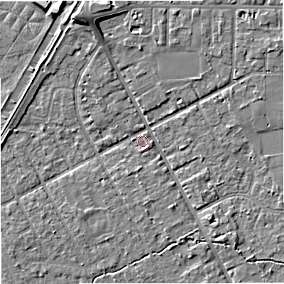 Shaded relief map of the ground around M333TT, computed from Environment Agency LiDAR. The ground here sits at about 25 m above sea level and falls 7 m across the surrounding 800 m. Surface water reaching this point runs off ground lying to the south-south-east, 2.6 m higher.