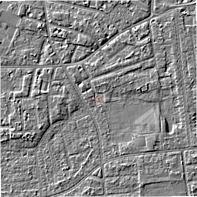 Shaded relief map of the ground around M333UN, computed from Environment Agency LiDAR. The ground here sits at about 27 m above sea level and falls 5 m across the surrounding 800 m. Surface water reaching this point runs off ground lying to the north-north-east, 3.7 m higher.
