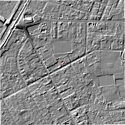 Shaded relief map of the ground around M333WJ, computed from Environment Agency LiDAR. The ground here sits at about 25 m above sea level and falls 7 m across the surrounding 800 m. Surface water reaching this point runs off ground lying to the south, 1.5 m higher.