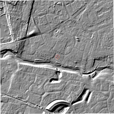 Shaded relief map of the ground around M334JL, computed from Environment Agency LiDAR. The ground here sits at about 21 m above sea level and falls 14 m across the surrounding 800 m. Surface water reaching this point runs off ground lying to the north-north-east, 1.7 m higher.