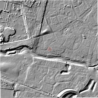 Shaded relief map of the ground around M334NS, computed from Environment Agency LiDAR. The ground here sits at about 21 m above sea level and falls 14 m across the surrounding 800 m. Surface water reaching this point runs off ground lying to the east-north-east, 1.1 m higher.