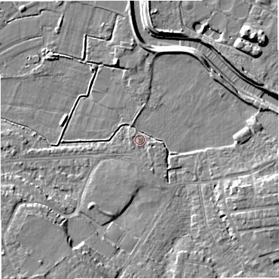 Shaded relief map of the ground around M335BR, computed from Environment Agency LiDAR. The ground here sits at about 20 m above sea level and falls 9 m across the surrounding 800 m. Surface water reaching this point runs off ground lying to the east-south-east, 6.4 m higher.