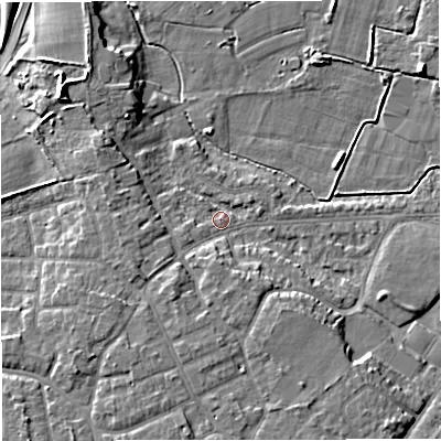 Shaded relief map of the ground around M335GQ, computed from Environment Agency LiDAR. The ground here sits at about 21 m above sea level and falls 9 m across the surrounding 800 m. Surface water reaching this point runs off ground lying to the west-south-west, 3.1 m higher.