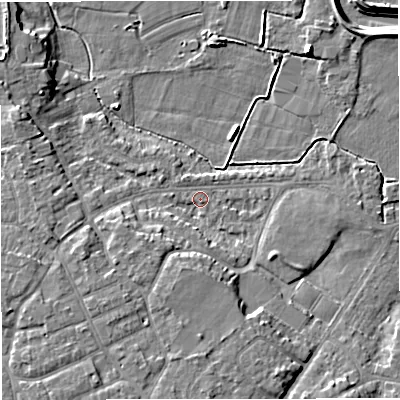 Shaded relief map of the ground around M335GR, computed from Environment Agency LiDAR. The ground here sits at about 20 m above sea level and falls 8 m across the surrounding 800 m. Surface water reaching this point runs off ground lying to the south, 5.8 m higher.