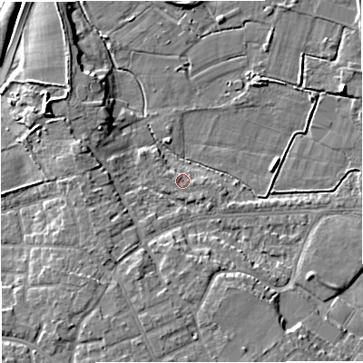 Shaded relief map of the ground around M335GS, computed from Environment Agency LiDAR. The ground here sits at about 20 m above sea level and falls 10 m across the surrounding 800 m. Surface water reaching this point runs off ground lying to the south-south-east, 0.8 m higher.