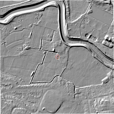 Shaded relief map of the ground around M335GT, computed from Environment Agency LiDAR. The ground here sits at about 20 m above sea level and falls 9 m across the surrounding 800 m. Surface water reaching this point runs off ground lying to the north-east, 1.6 m higher.