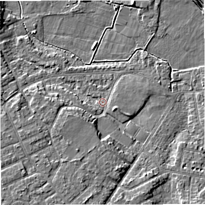 Shaded relief map of the ground around M335GU, computed from Environment Agency LiDAR. The ground here sits at about 20 m above sea level and falls 8 m across the surrounding 800 m. Surface water reaching this point runs off ground lying to the west-south-west, 5.1 m higher.