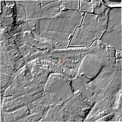 Shaded relief map of the ground around M335GY, computed from Environment Agency LiDAR. The ground here sits at about 20 m above sea level and falls 8 m across the surrounding 800 m. Surface water reaching this point runs off ground lying to the south-south-west, 5.2 m higher.