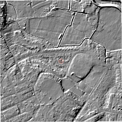 Shaded relief map of the ground around M335GZ, computed from Environment Agency LiDAR. The ground here sits at about 20 m above sea level and falls 8 m across the surrounding 800 m. Surface water reaching this point runs off ground lying to the south-west, 5.2 m higher.