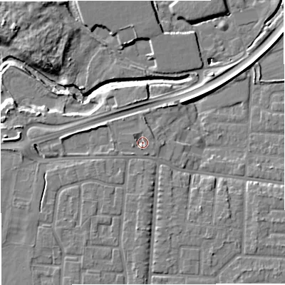 Shaded relief map of the ground around M335NL, computed from Environment Agency LiDAR. The ground here sits at about 21 m above sea level and falls 10 m across the surrounding 800 m. Surface water reaching this point runs off ground lying to the south, 2.0 m higher.
