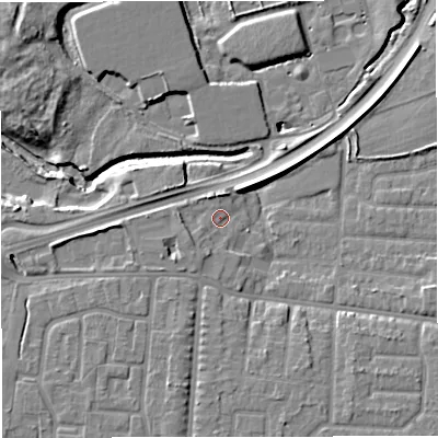 Shaded relief map of the ground around M335NS, computed from Environment Agency LiDAR. The ground here sits at about 21 m above sea level and falls 10 m across the surrounding 800 m. Surface water reaching this point runs off ground lying to the south-east, 5.2 m higher.