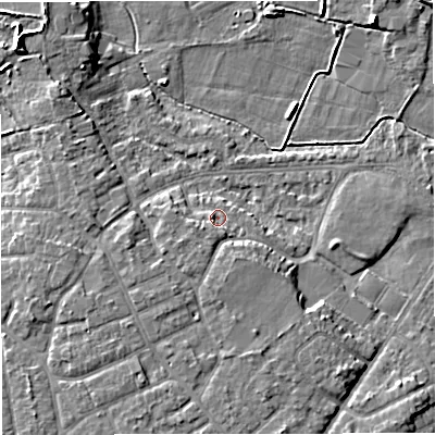 Shaded relief map of the ground around M335QR, computed from Environment Agency LiDAR. The ground here sits at about 22 m above sea level and falls 9 m across the surrounding 800 m. Surface water reaching this point runs off ground lying to the south, 3.2 m higher.