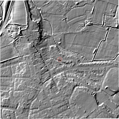 Shaded relief map of the ground around M335QS, computed from Environment Agency LiDAR. The ground here sits at about 20 m above sea level and falls 10 m across the surrounding 800 m. Surface water reaching this point runs off ground lying to the south-west, 4.6 m higher.