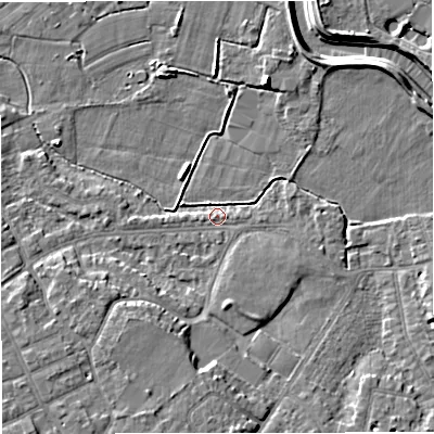 Shaded relief map of the ground around M335QT, computed from Environment Agency LiDAR. The ground here sits at about 20 m above sea level and falls 8 m across the surrounding 800 m. Surface water reaching this point runs off ground lying to the south, 6.7 m higher.