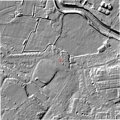 Shaded relief map of the ground around M335QU, computed from Environment Agency LiDAR. The ground here sits at about 20 m above sea level and falls 9 m across the surrounding 800 m. Surface water reaching this point runs off ground lying to the south-south-east, 1.2 m higher.