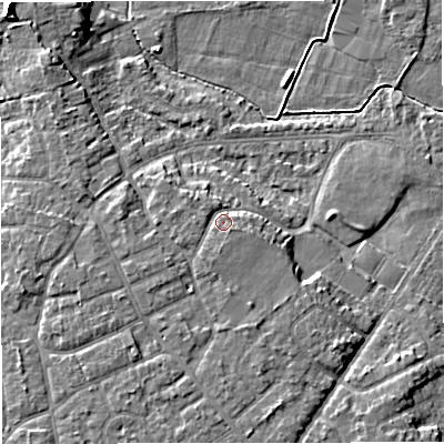Shaded relief map of the ground around M335QX, computed from Environment Agency LiDAR. The ground here sits at about 24 m above sea level and falls 9 m across the surrounding 800 m. Surface water reaching this point runs off ground lying to the south-south-west, 2.0 m higher.