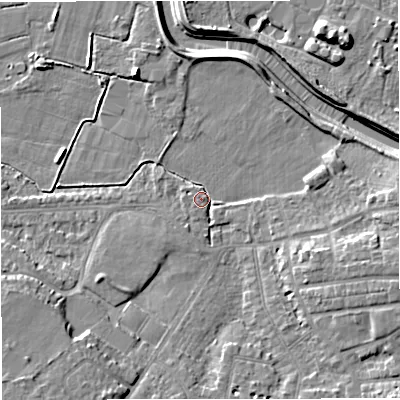Shaded relief map of the ground around M335QZ, computed from Environment Agency LiDAR. The ground here sits at about 20 m above sea level and falls 9 m across the surrounding 800 m. Surface water reaching this point runs off ground lying to the south-east, 6.8 m higher.