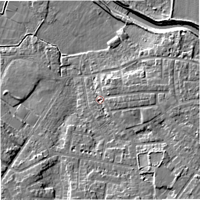 Shaded relief map of the ground around M336JA, computed from Environment Agency LiDAR. The ground here sits at about 21 m above sea level and falls 10 m across the surrounding 800 m. Surface water reaching this point runs off ground lying to the east, 4.8 m higher.
