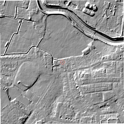 Shaded relief map of the ground around M336JT, computed from Environment Agency LiDAR. The ground here sits at about 20 m above sea level and falls 9 m across the surrounding 800 m. Surface water reaching this point runs off ground lying to the east, 6.2 m higher.
