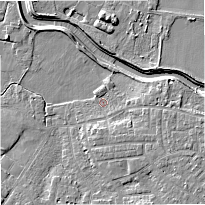 Shaded relief map of the ground around M336LG, computed from Environment Agency LiDAR. The ground here sits at about 21 m above sea level and falls 9 m across the surrounding 800 m. Surface water reaching this point runs off ground lying to the south-east, 5.8 m higher.