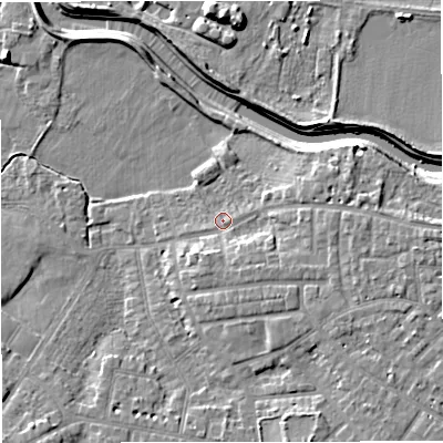 Shaded relief map of the ground around M336LQ, computed from Environment Agency LiDAR. The ground here sits at about 21 m above sea level and falls 9 m across the surrounding 800 m. Surface water reaching this point runs off ground lying to the east-south-east, 5.4 m higher.