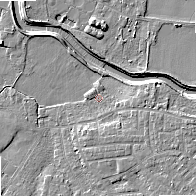 Shaded relief map of the ground around M336LR, computed from Environment Agency LiDAR. The ground here sits at about 21 m above sea level and falls 9 m across the surrounding 800 m. Surface water reaching this point runs off ground lying to the east-south-east, 3.1 m higher.