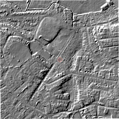 Shaded relief map of the ground around M336NN, computed from Environment Agency LiDAR. The ground here sits at about 21 m above sea level and falls 8 m across the surrounding 800 m. Surface water reaching this point runs off ground lying to the south, 4.6 m higher.